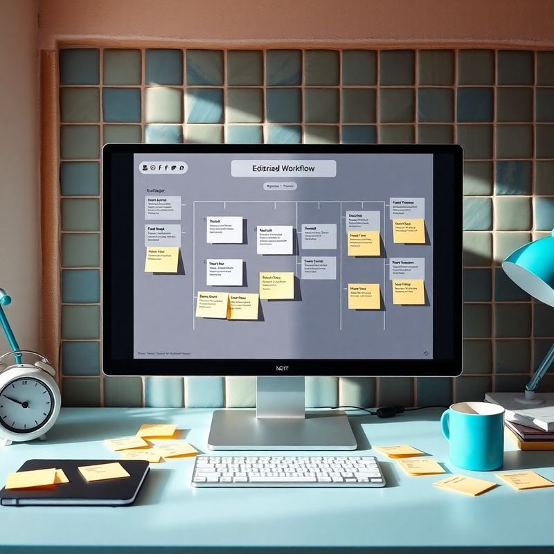 Tablero de flujo editorial en Notion mostrado en un monitor