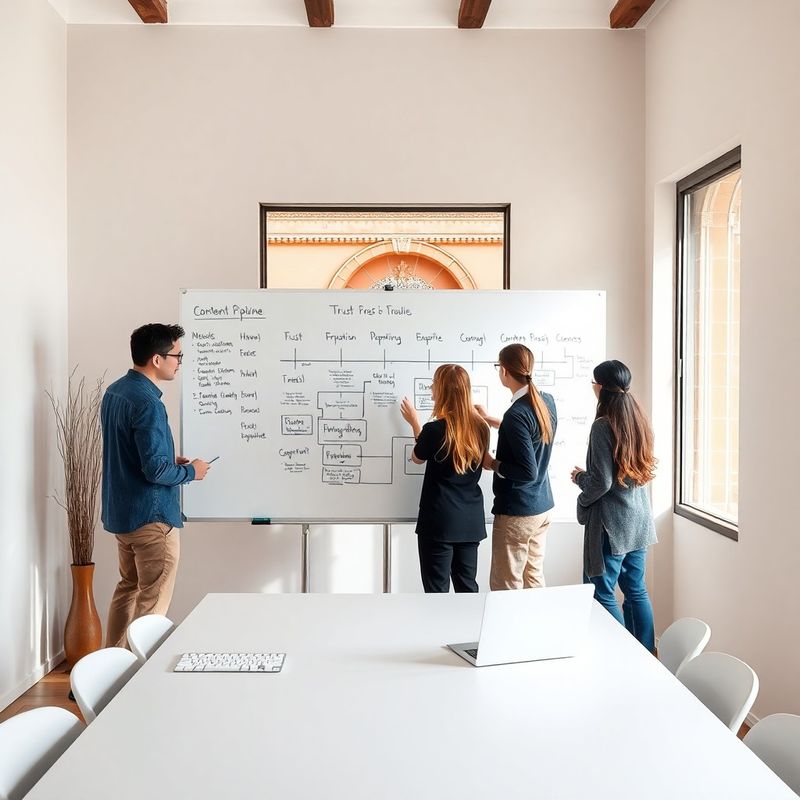 Equipo de Estudio García colaborando frente a un panel con diagramas de pipeline editorial