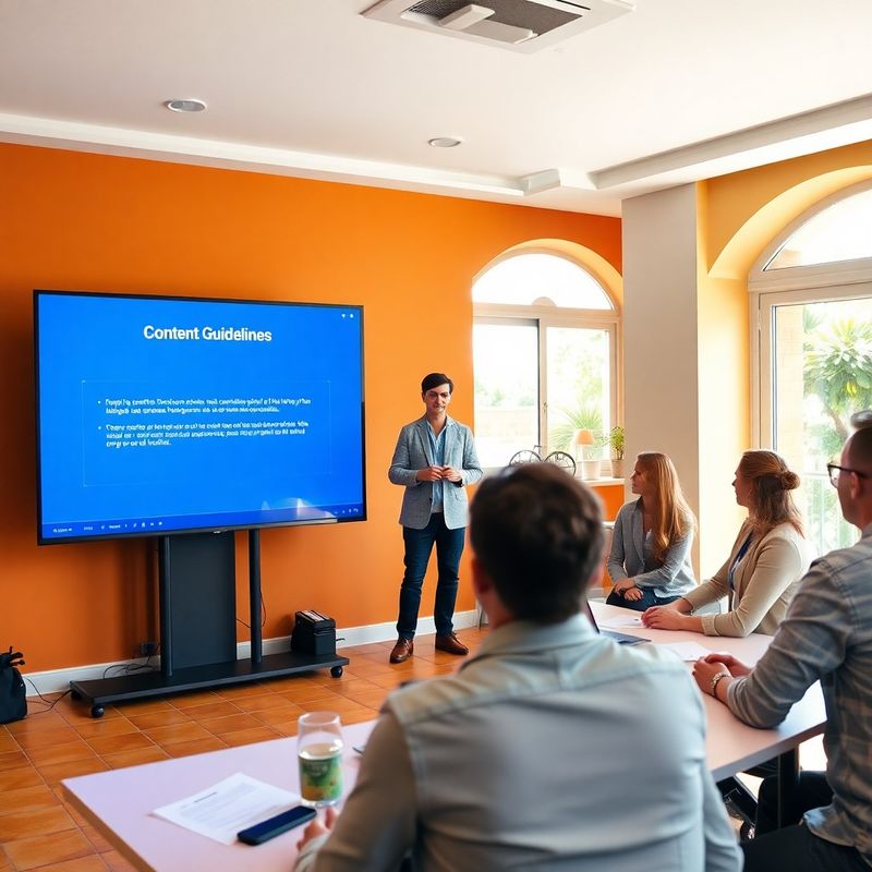 Formadora presentando el sistema editorial a un equipo en una sala moderna