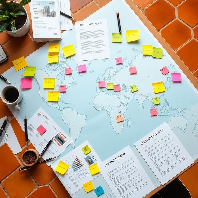 Mapa de estrategia editorial con notas y datos sobre una mesa de trabajo